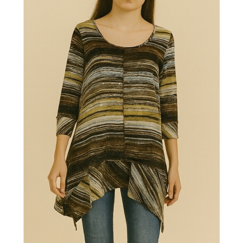 CoCo Bianco brown & tan 3/4 sleeve asymmetrical blouse SZ SM ruffled bottom